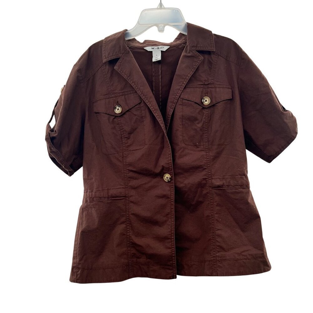 WHBM Single Button Top Women's Size 8 Brown Short Sleeve Collared Pockets